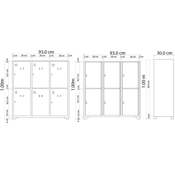 Locker metálico infantil de 6 puestos con puertas multicolores y detalles de animales.