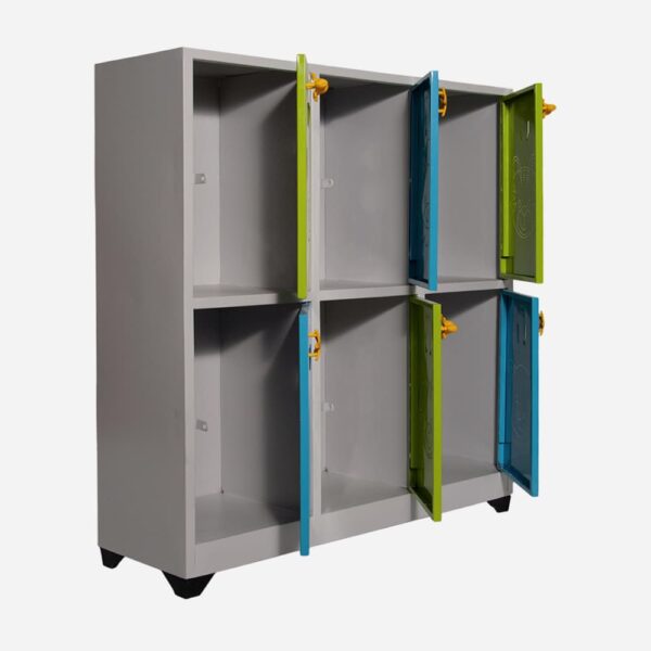 Locker metálico infantil de 6 puestos con puertas multicolores y detalles de animales.