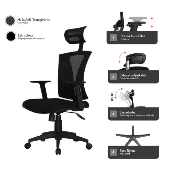Mecanismo de silla Praga con cabecero y base de nylon