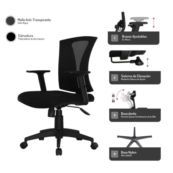 Mecanismos de la silla Praga para ajuste ergonómico.